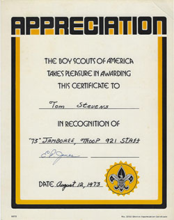 1973 NJ Certificate of Appreciation