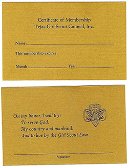 Tejas Girl Scout Council Certificate of Membership 1963-2007