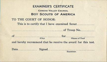 Concho Valley Council Examiner's Certificate set of 9