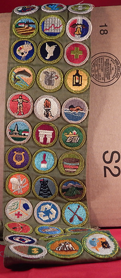 Merit Badge Sash Khaki 28.5 with 36 Rolled Edge Merit Badges